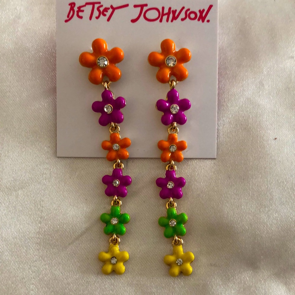 Betsey Johnson Gold Tone Linear Enamel Multicolored Flower Drop Earrings NWT